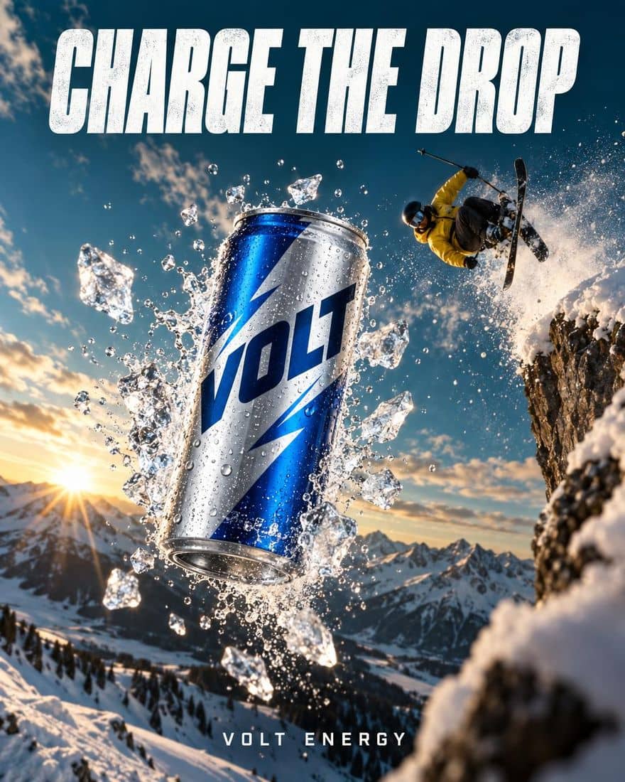 VOLT energy drink poster, headline and tagline rendered