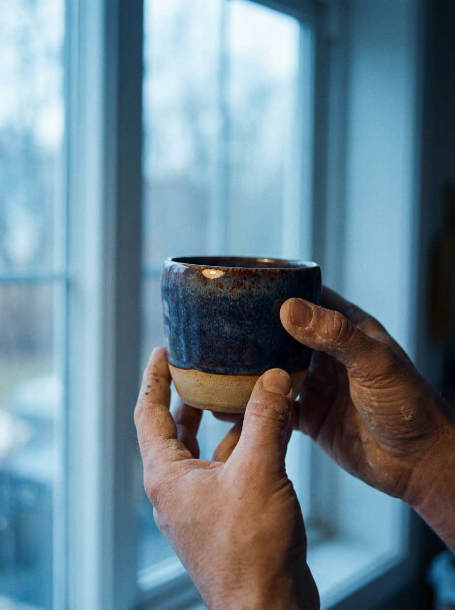 Clay-dusted hands lifting the indigo cup to the window
