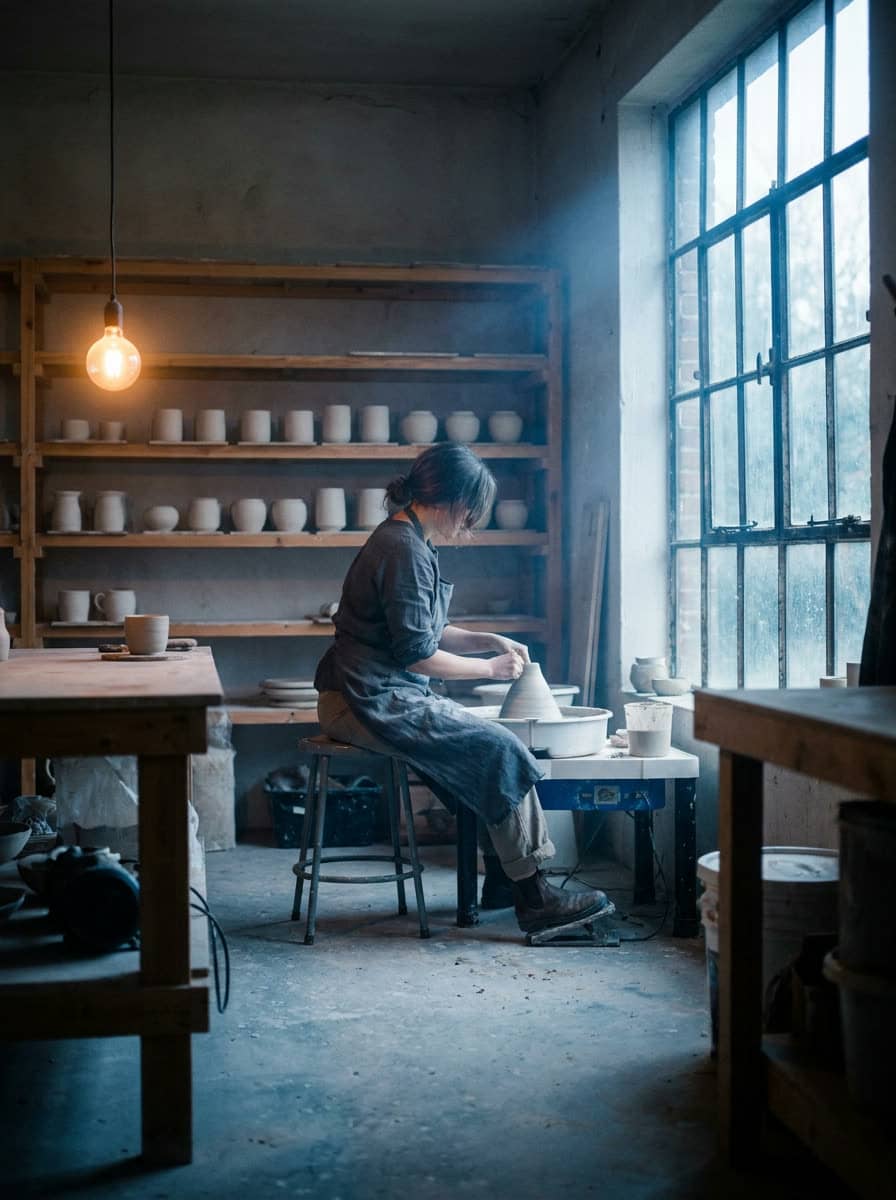 A ceramics studio at dawn, a potter at the wheel by the window