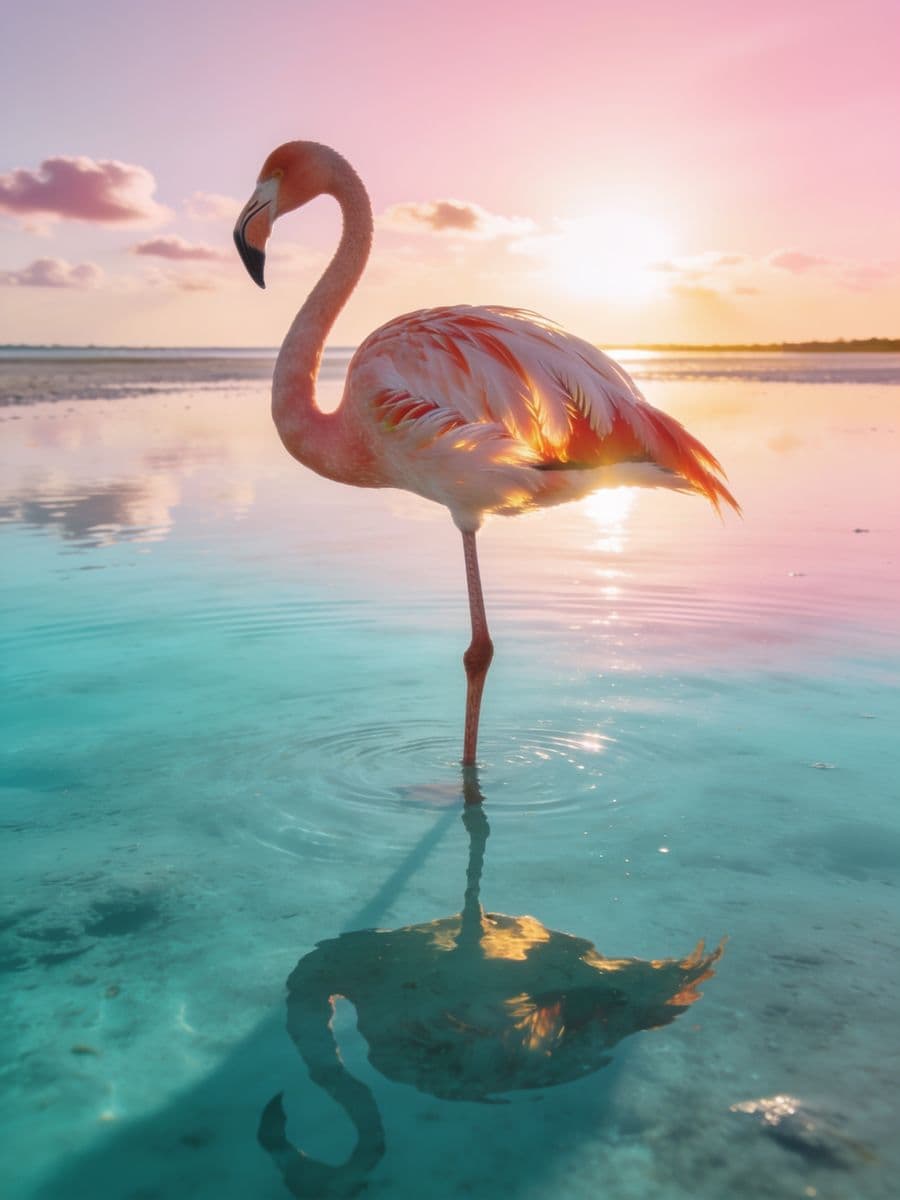 A flamingo and its reflection