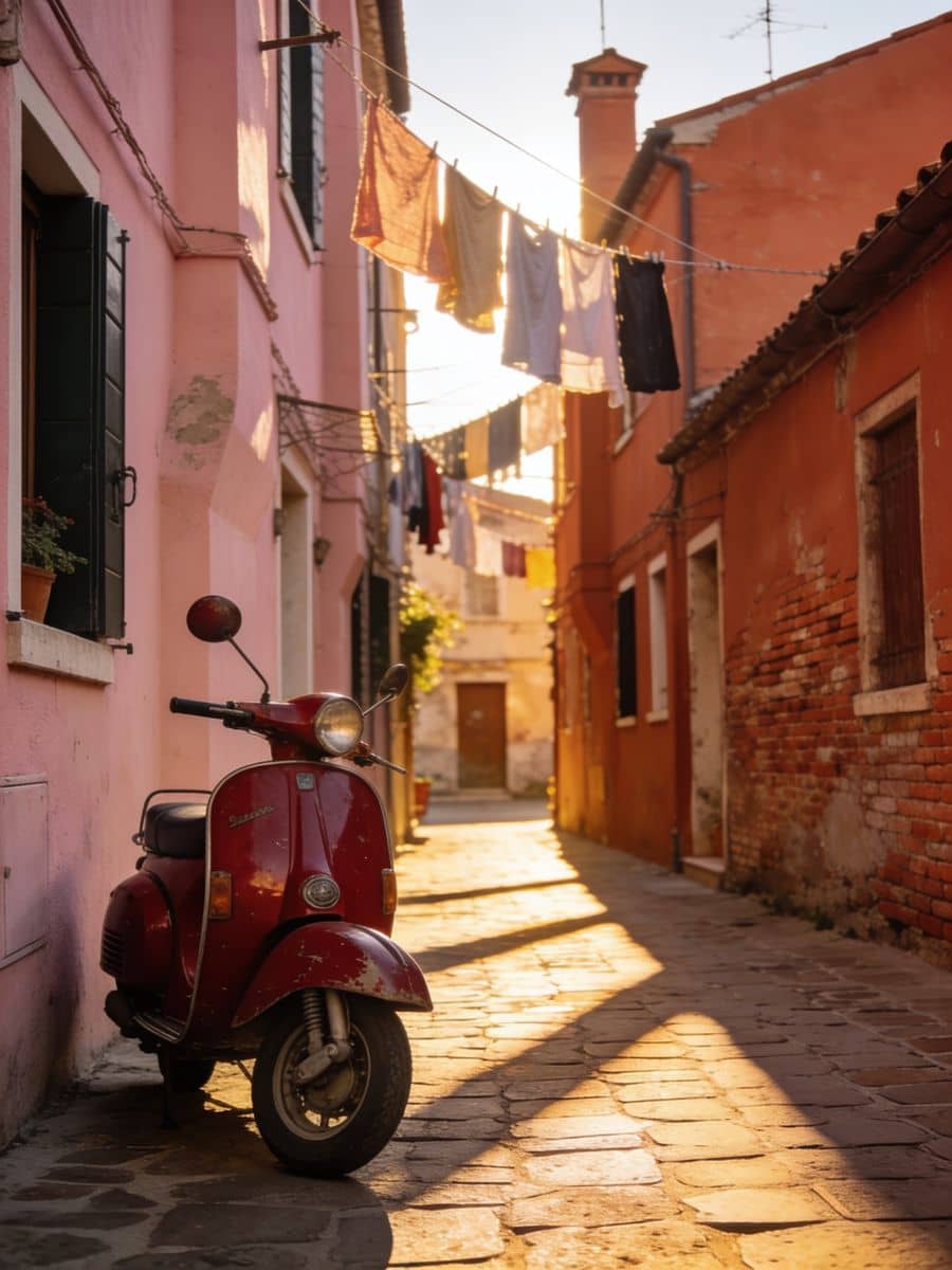 A scooter, an alley, a long shadow